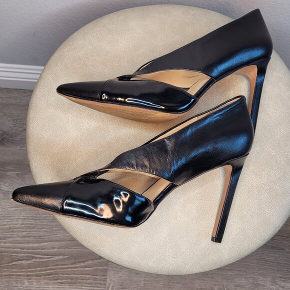 Nine West Black Leather Patent Cross Strap Pumps 12M Rare Elegant Stiletto Heels - Picture 5 of 10